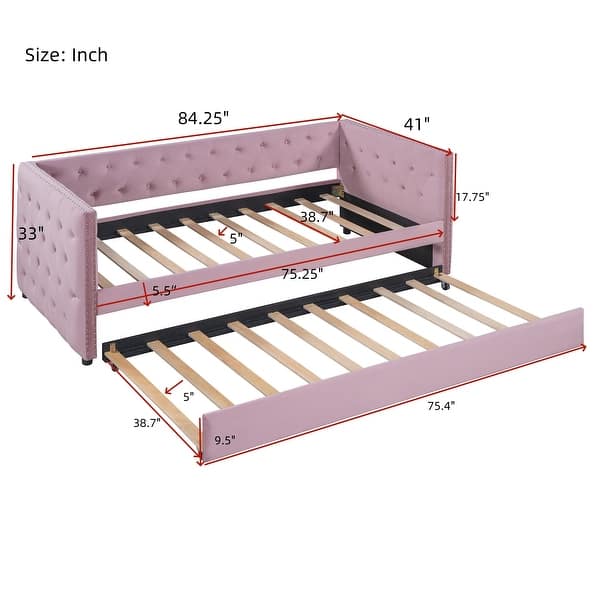 dimension image slide 0 of 3, Velvet Tufted Daybed with Trundle, Rivet Design, Twin Size