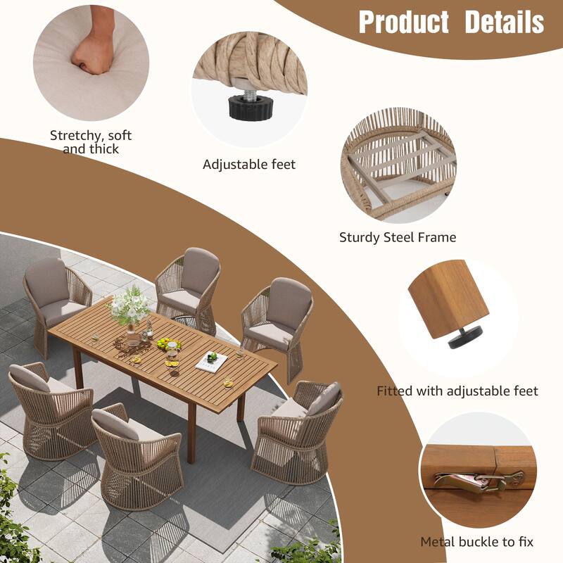 Extendable Wood Outdoor Dining Table Set with 6 PE Wicker Chairs