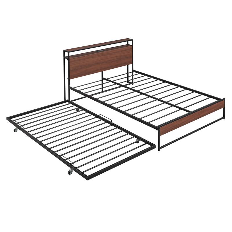 Full Size Metal Platform Bed Frame with Trundle, USB Ports, Slat Support, No Box Spring Needed, Black