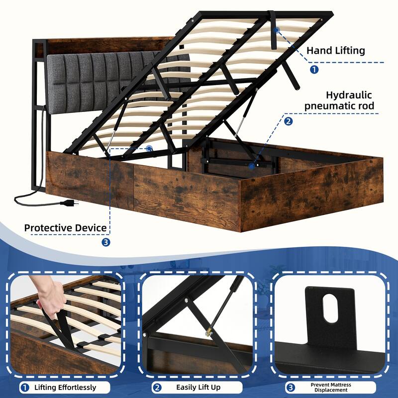 Moasis Lift-Up Storage Bed Frame with Charging Station & Storage Headboard