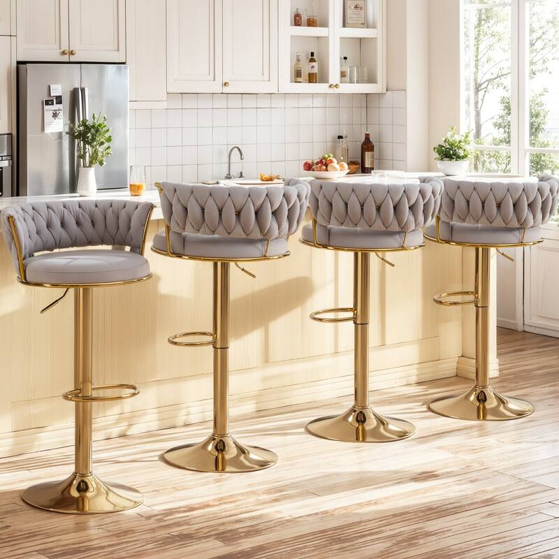 Javlergo Bar Stools Set of 4, Velvet Swivel Bar Stools, Adjustable Height Barstool with Woven Back & Footrest - Grey