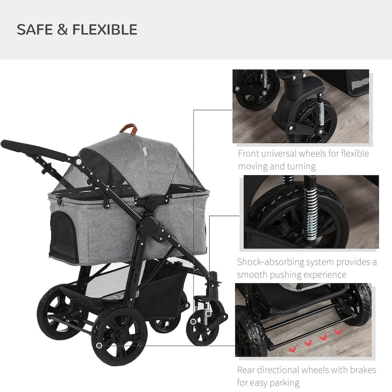 PawHut Dog Stroller with Adjustable Canopy Safety Leashes and Carrying Bag, Grey