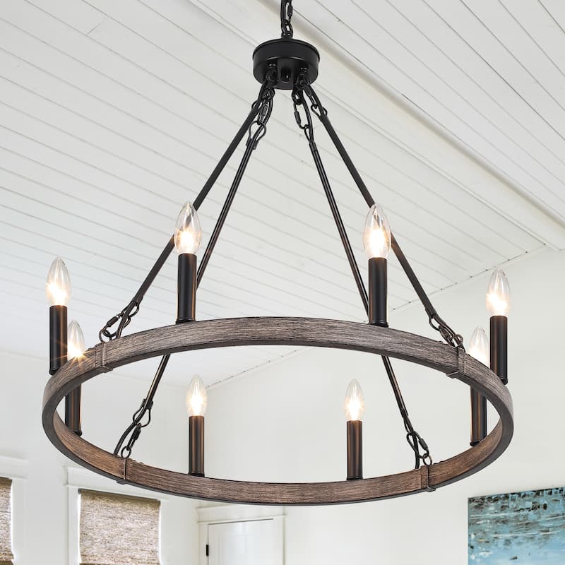 25.98" Wide 8-Light Farmhouse Chandelier, Wagon Wheel Chandelier for Dining Room Living Room Bedroom Kitchen