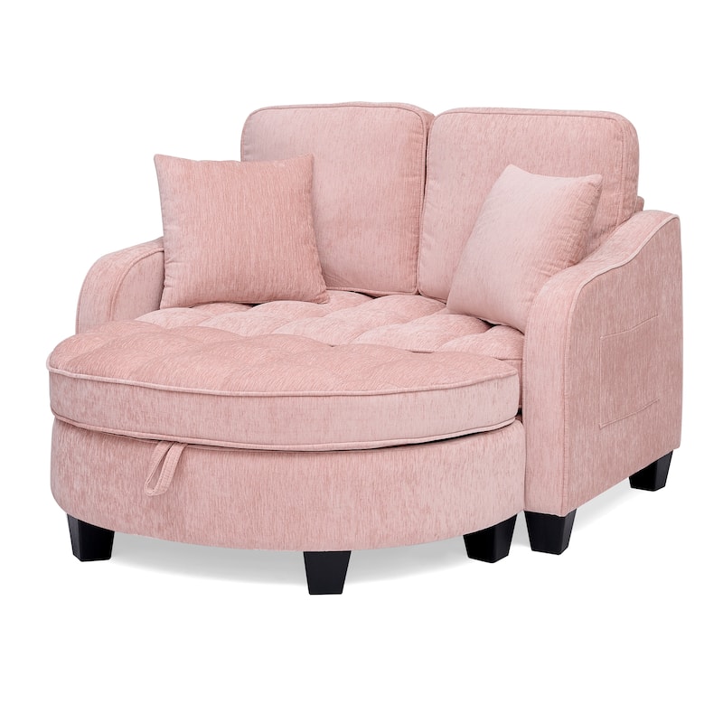 Two-Seater Chaise Longue Sofa with Storage Footrest, Irregular Armrests & Throw Pillows for Living Room & Bedroom