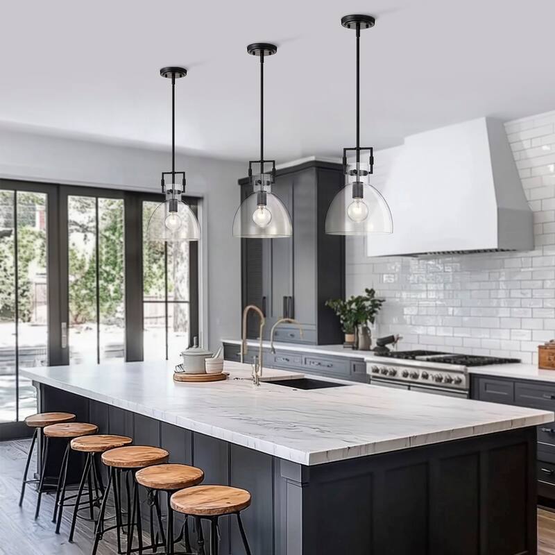 Matte Black 1-Light 10 Inch Bowl Shaped Clear Glass Pendant