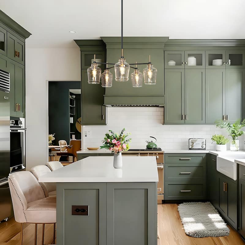 Mid-Century Modern 5-Light Glass Chandelier Black Gold Pendant Lights for Dining Room