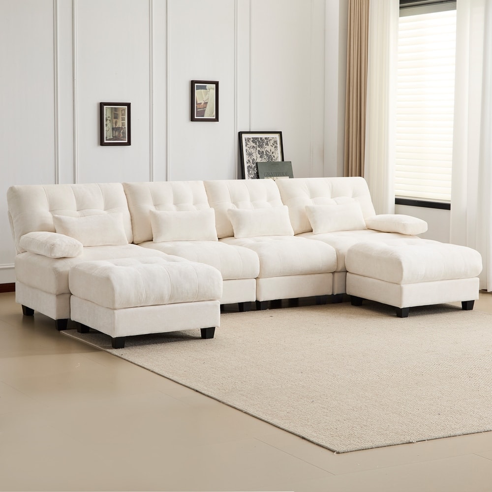 GDFStudio - 4-Seater Adjustable Backrest 119" Chenille Sofa with 2 Ottomans and 4 Throw Pillows