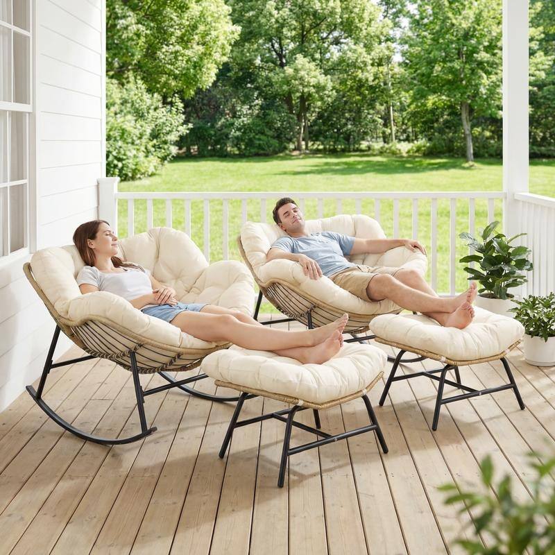 Oversized Indoor Outdoor Royal Papasan Rocking Chair, Patio Egg Rocker with Cushions, 450 lb Capacity
