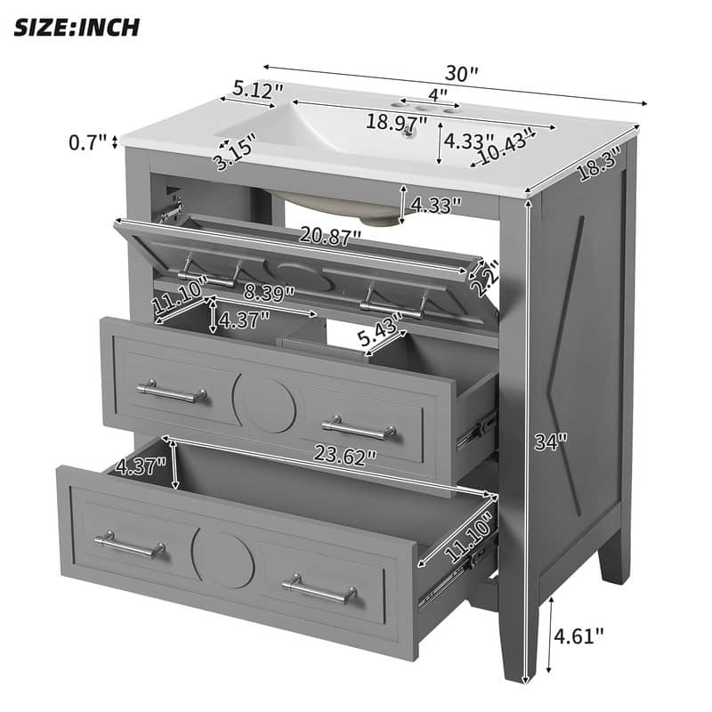30" Bathroom Vanity with Ceramic Sink, 3 Drawers