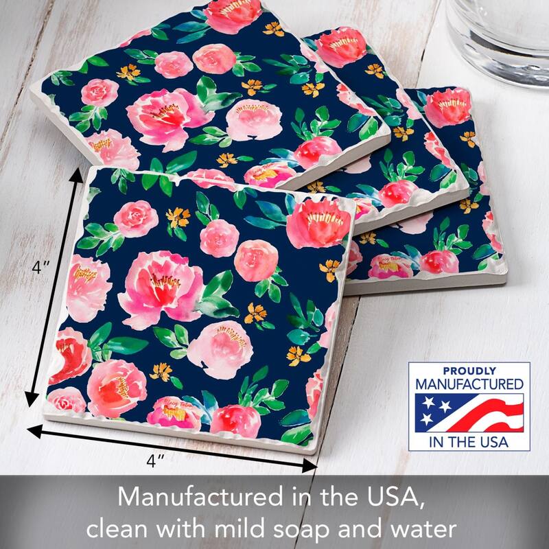 Spring Garden Floral 4-Pack Absorbent Stone Coasters with Protective Cork Backing 4" Square Made in The USA Easily Wipes Clean