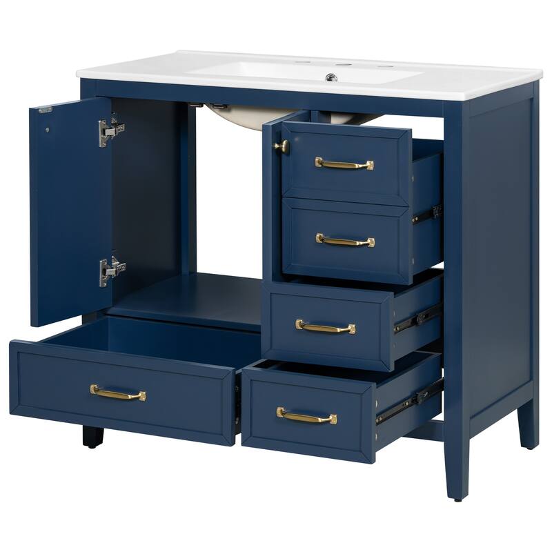 36" Bathroom Vanity with Sink, Bathroom Cabinet with Soft-Closing Door, 4 Drawers of Different Sizes, Solid Wood Frame and Leg