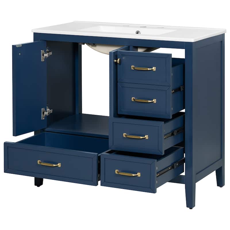 Roomfitters Bathroom Vanity with Sink, Cabinet with Soft-closing Door and Four Drawers of Varying Sizes, Solid Wood Frame