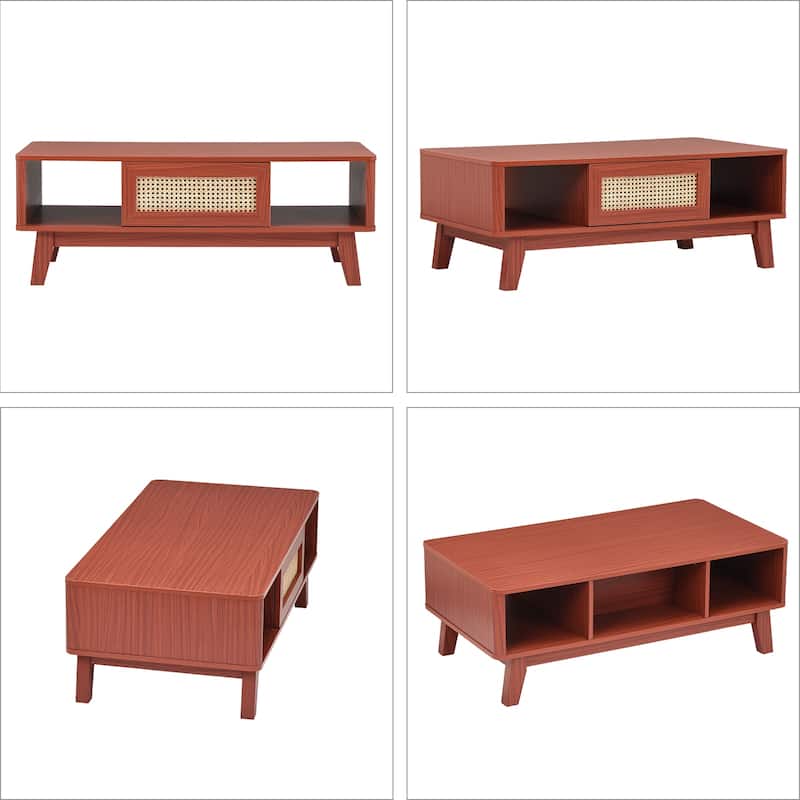Mid Century Coffee Table with Storage, Modern Square with Rattan Drawer, Wooden Living Room Table with Solid Wood Leg