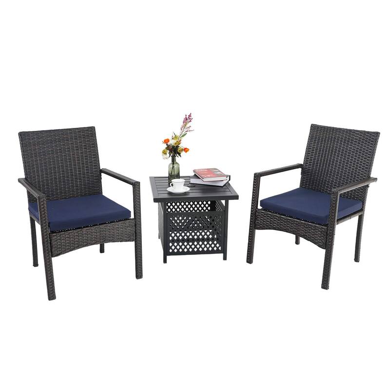 3-piece Patio Bistro Set, Rattan Chairs and Metal Side Table with Umbrella Hole