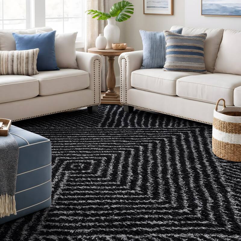 Minimal Stripe Geometric Shag Rug - Anthracite Dark Gray - Medium Pile - Cozy & Modern - Anthracite - 7' 10" x 10'