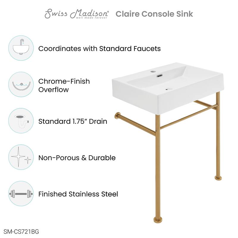 Claire Ceramic Console Sink White Basin Gold Legs