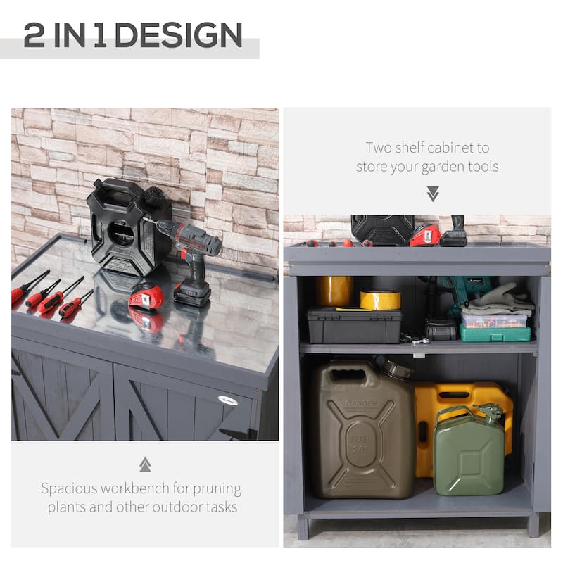 Garden Storage Cabinet, Outdoor Tool Shed with Galvanized Top and Two Shelves for Yard Tools or Pool Accessories
