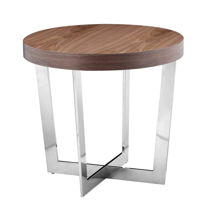 Tini 24 Inch Side End Table, Round Shaped Top, Metal Frame, Walnut Brown