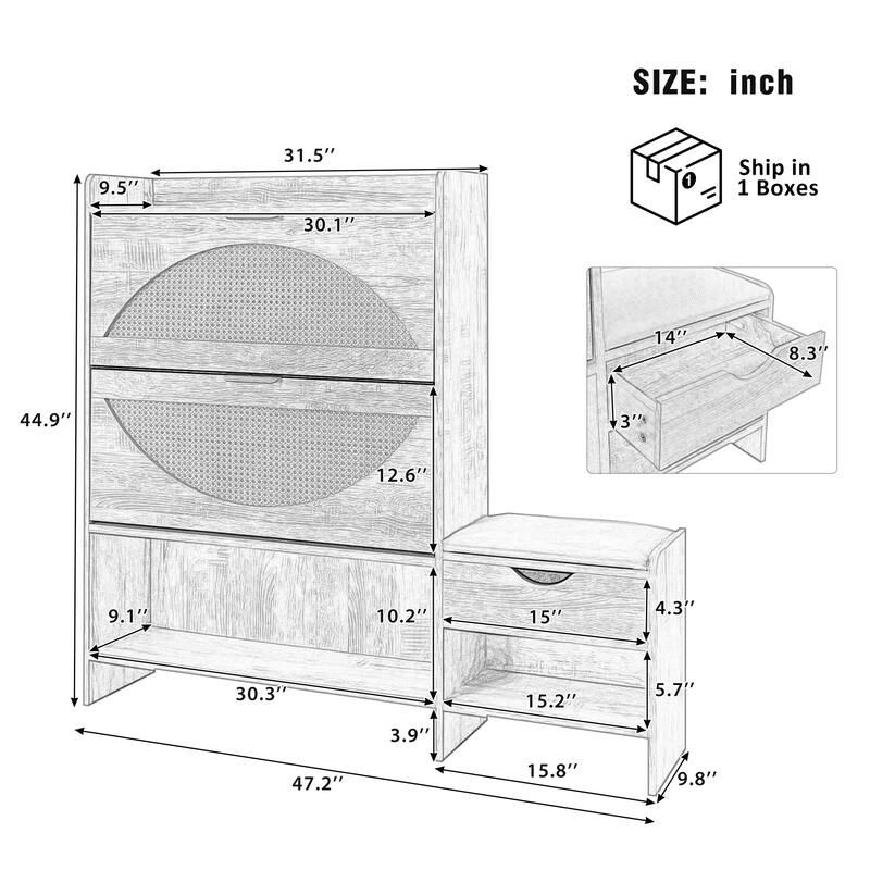 47.2" Shoe Storage Cabinet Rattan Shoe Storage Organizer With 2 Flip Drawers, a Storage Drawer and a Bench For Entryway, - Tan