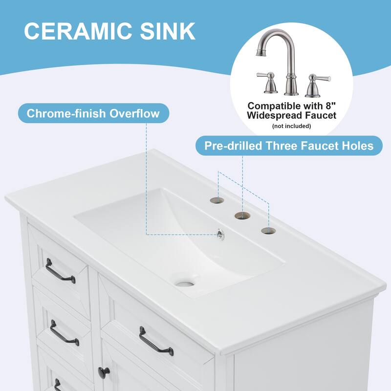 36" Bathroom Vanity with Ceramic Sink - 4 Drawers + Soft-Close Door, Pre-Drilled for 8" Faucet