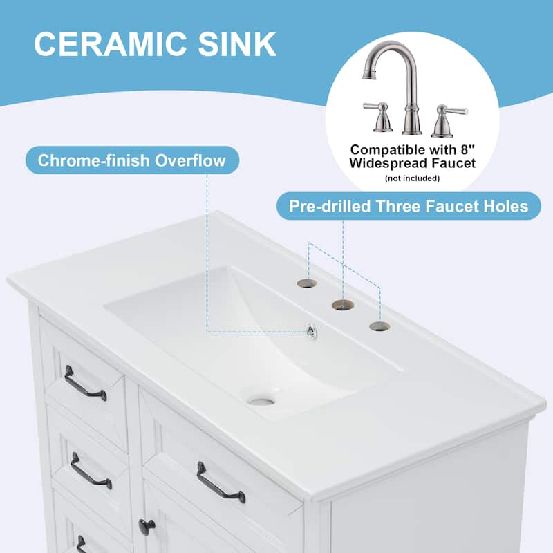 36" Bathroom Vanity with Ceramic Sink Top, 4 Drawers, 1 Soft-Close Door, Freestanding Storage Cabinet, 8" Faucet Ready