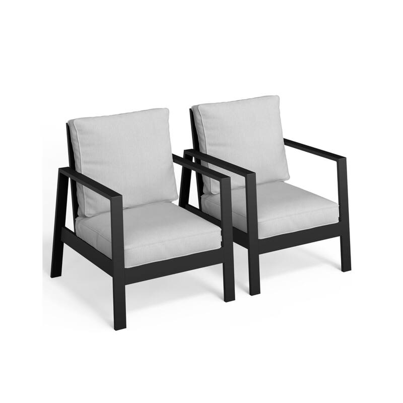 Set of 2 28" Aluminum Patio Armchairs with Thick Light Gray Cushions Black Frame