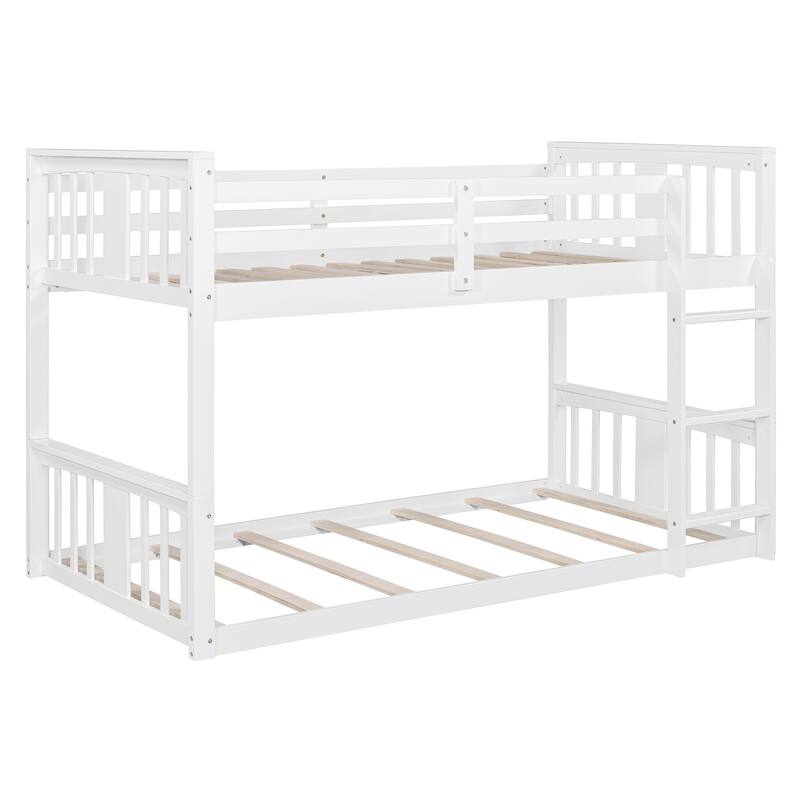 Twin Over Twin Floor Bunk Bed with Ladder, Solid Wood Bunk Bed Frame with Full-Length Guardrail, Detachable into 2 Separate Beds