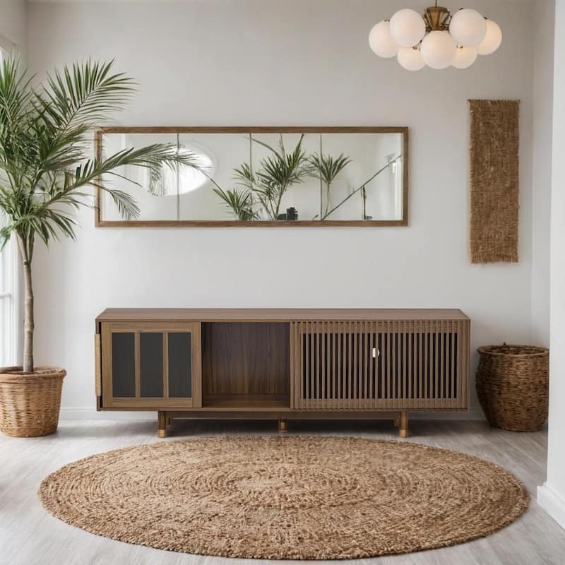 Modern 2 in 1 TV Stand with Cat Scratcher, Cat House Media Console Table with Sliding Flip-down Glass Doors