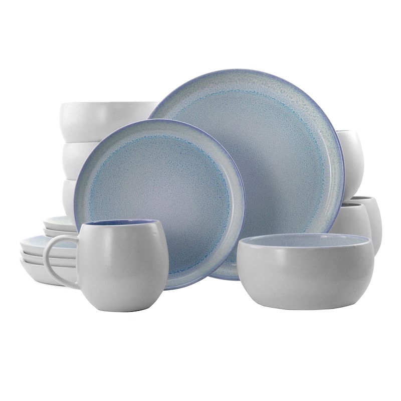 Elama 16 Piece Blue Stoneware Dinnerware Set for 4 Microwave and Dishwasher Safe Modern Dishes