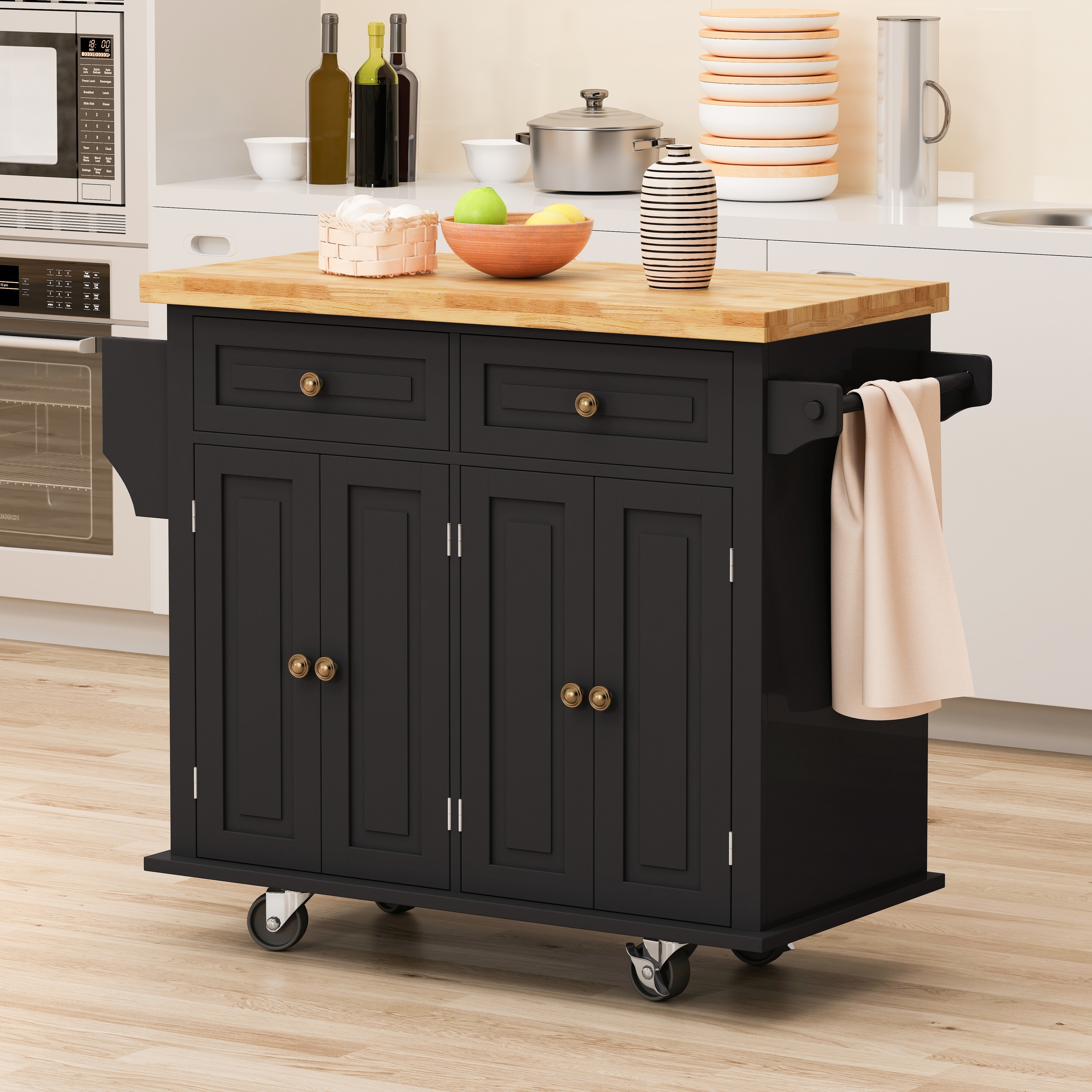 HOMCOM Rolling Kitchen Island with Storage, Portable Kitchen Cart with  Stainless Steel Top, 2 Drawers, Spice, Knife and Towel Rack and Cabinets,  Black