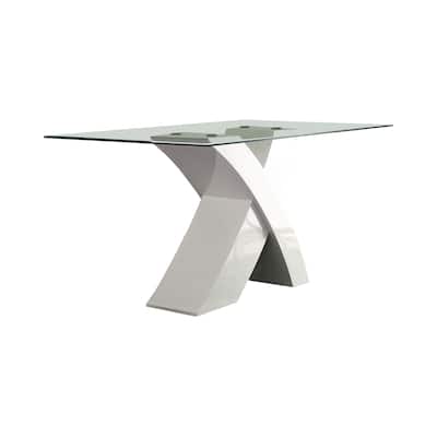Rectangular Glass Top Dining Table 60x36 Inch - White Finish with Rustic X Base, Seats 4 People - 36