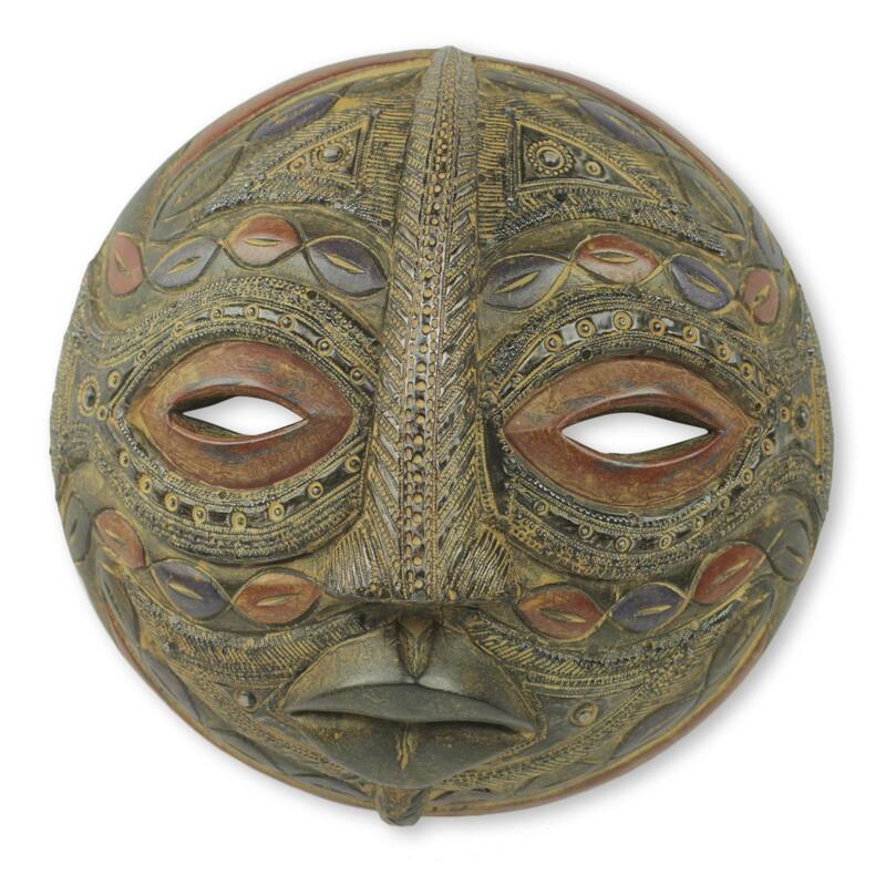 Handmade Overcomer African Wood Mask (Ghana) - 12" H x 12.25" W x 5.5" D - 12" H x 12.25" W x 5.5" D - Brown