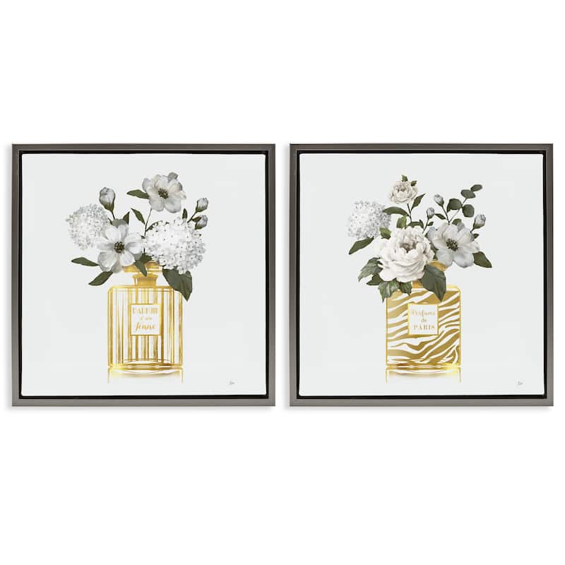 Stupell Glam Detailed Perfume Bouquets Framed Floater Canvas Wall Art Design By Nan (Set of 2) - 25 x 25 - Grey