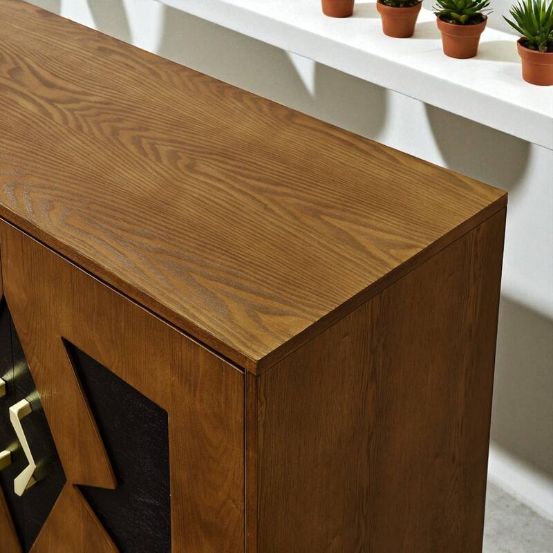 60" Mid Century Sideboard Buffet Cabinet with Geometric Pattern, Adjustable Shelves & Outlet Holes for Entryway