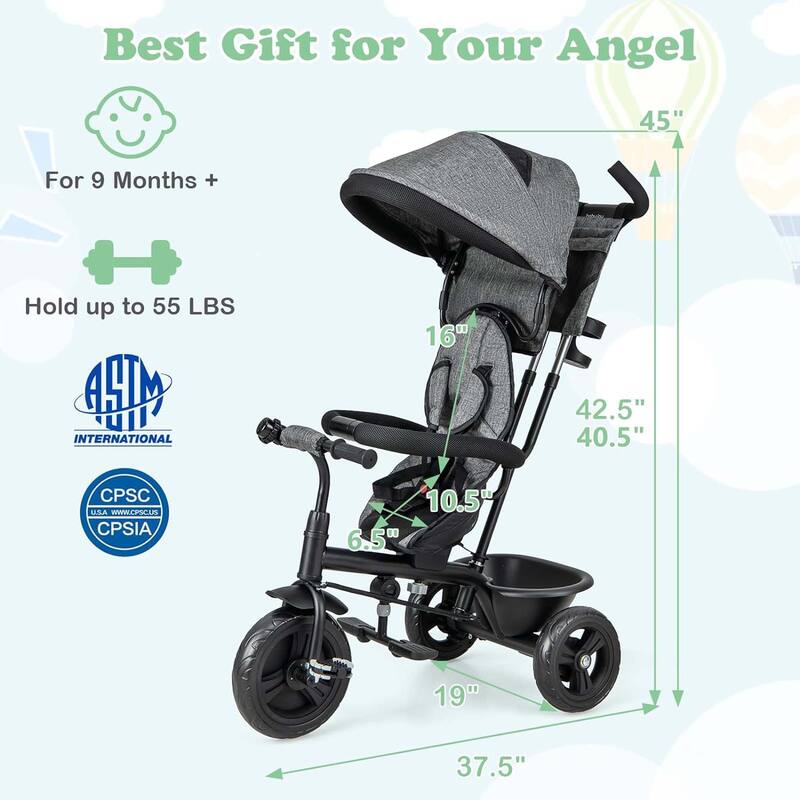 All-in-1 Tricycle Kids Trike Stroller w/Adjustable Push Handle &Canopy