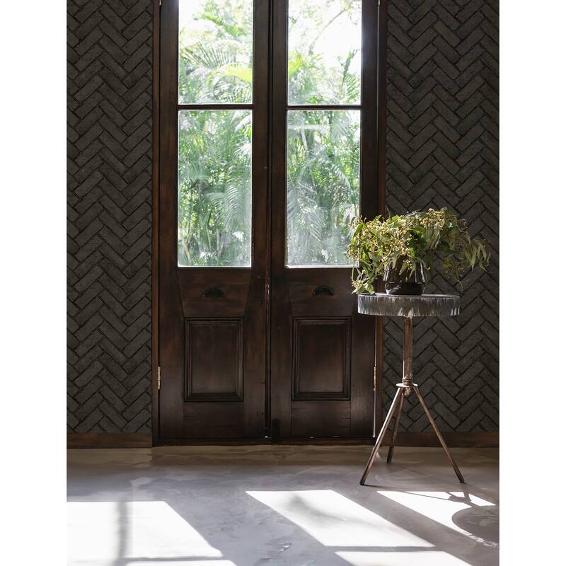 Chesapeake Canelle Black Brick Herringbone Wallpaper