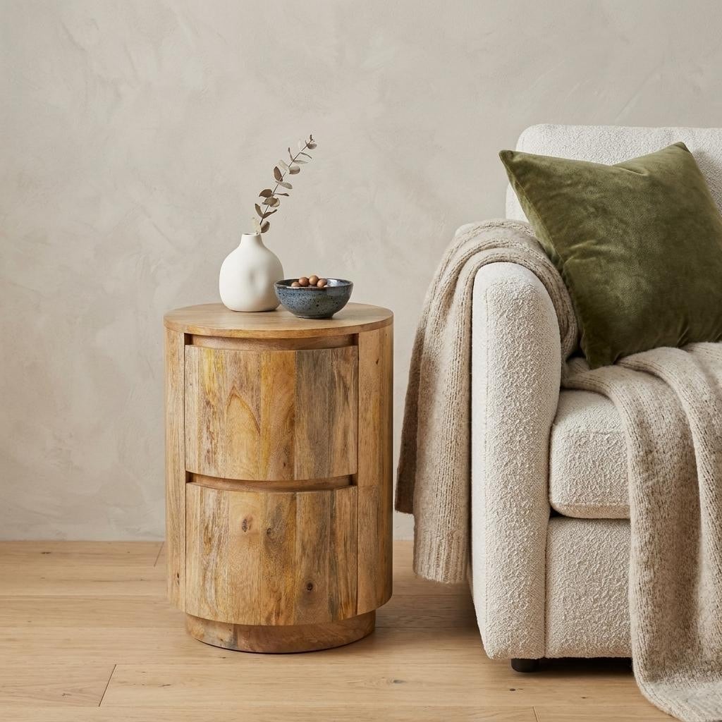 HomeRoots 24" Natural Solid Wood Round Block End Table With Two Drawers - 18.00 in. x 24.00 in. x 18.00 in.