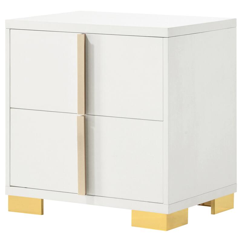 Art Deco Inspired 2-Drawer Nightstand with Gold Metal Accents - Elegant Storage Solution for Bedrooms