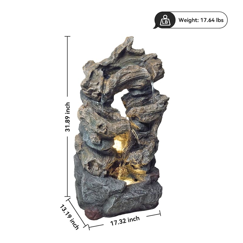Outdoor 4-Tier Hand Crafted Polyresin Rainforest Wood Weather Resistant Fountain
