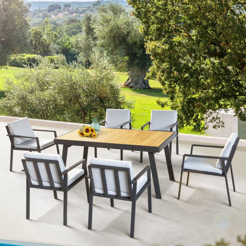 HIGOLD 6801 Nofi Outdoor Dining Set for 4/6 seaters with Grey Cushions/Textile, Aluminum Frame, Imitated Teak Tabletop