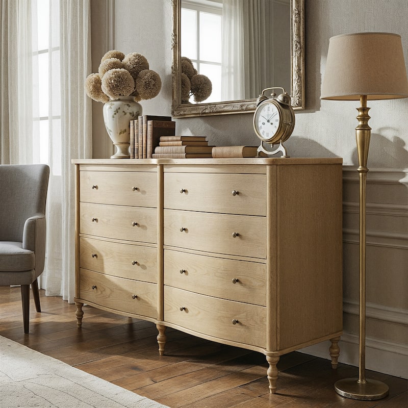 Elegant 8-Drawer Dresser with Solid Wood Legs, Vintage Curved Front Chest of Drawers for Bedroom Storage