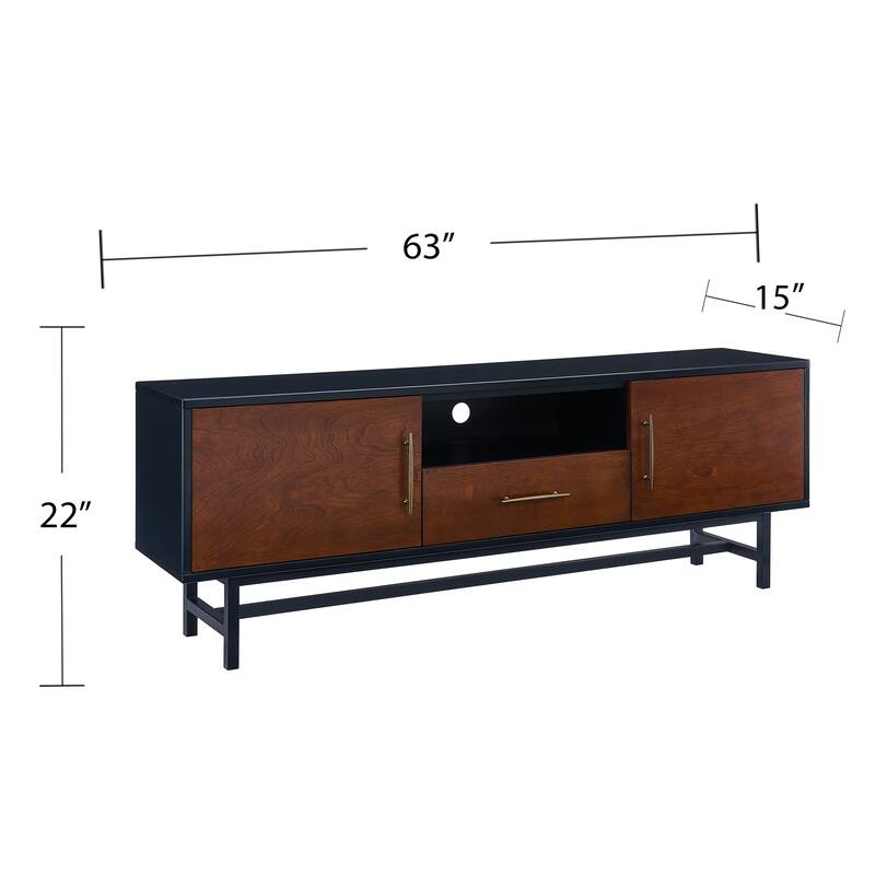 63" Midcentury Modern TV Cabinet, Whiskey Maple & Black Console with Cord Outlets, for Living Room or Entryway