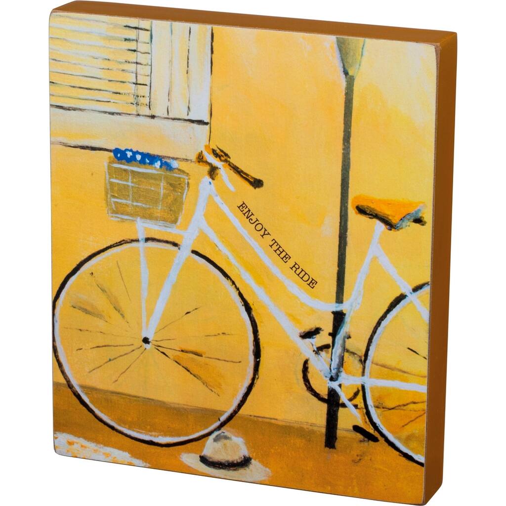 Primitives by Kathy Enjoy The Ride Bicycle Block Wood Sign 7 Inches Yellow