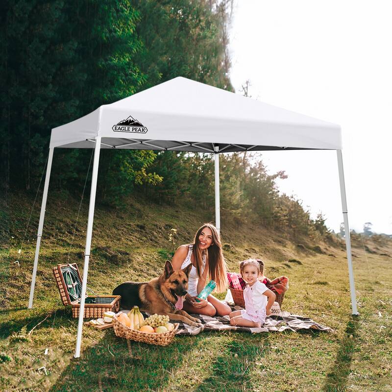 EAGLE PEAK 10x10 Slant Leg Pop-up Canopy Tent Outdoor Beach Canopy Folding Portable Shelter 10x10 Base 8x8 Top (Blue) - White