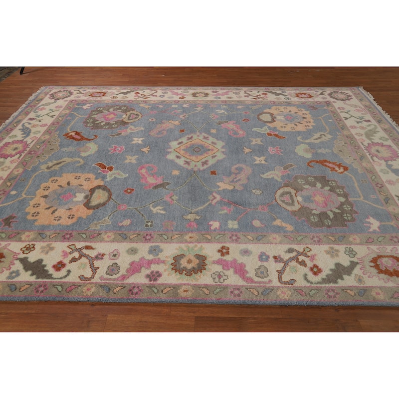 Light Blue Floral Oushak Indian Area Rug Handmade Wool Carpet - 8'0" x 9'10"