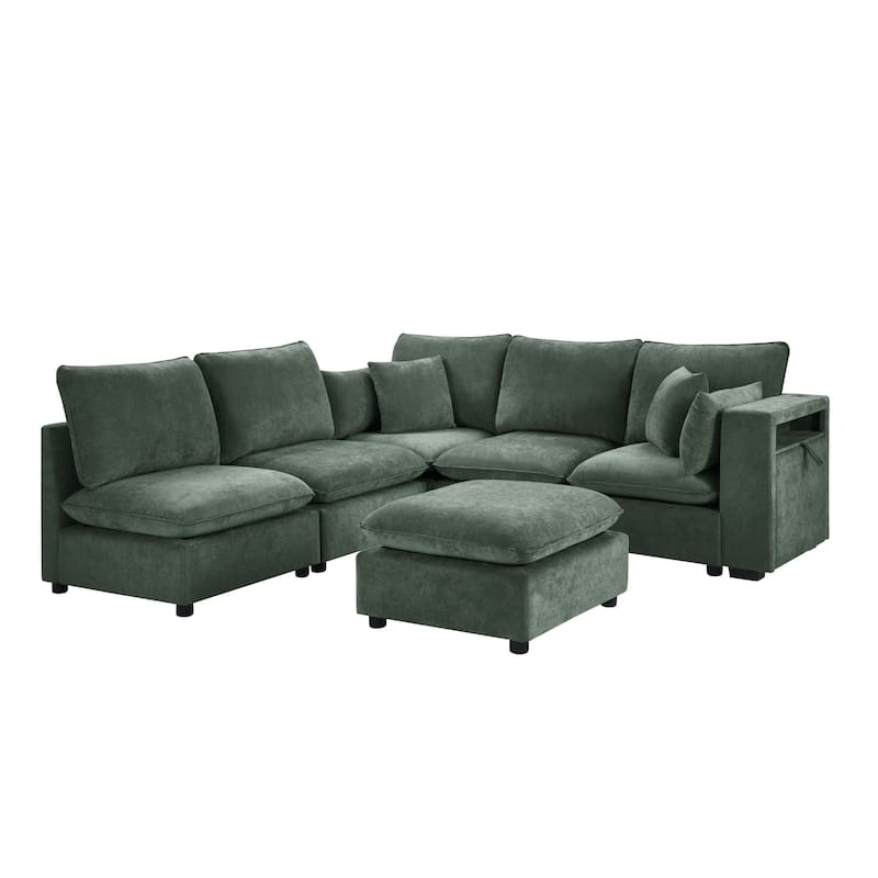 Smooth Chenille Sectional Sofa U-Shaped Modular Sofa Bed L-Shaped Couch with Movable Ottoman, Storage Armrests and USB Ports