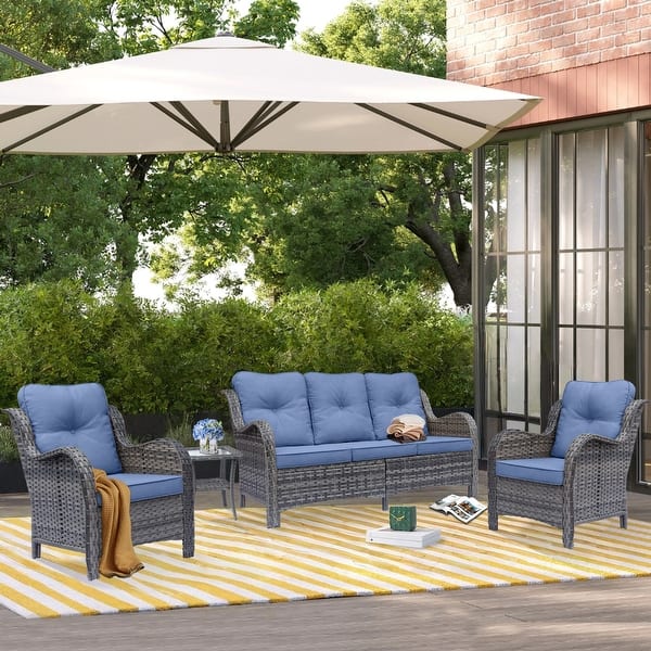 slide 2 of 59, 4 Piece Outdoor High Back Wicker Patio Conversation Furniture Sets Denim Blue-Gray Rattan