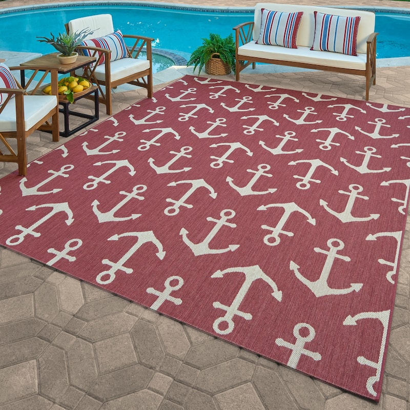 Gertmenian Solterra Nautical Coastal Tropical Weather Resistant Polypropylene Flatweave Indoor/ Outdoor Area Rug Collection - Dockside Red - 2'2"x6'