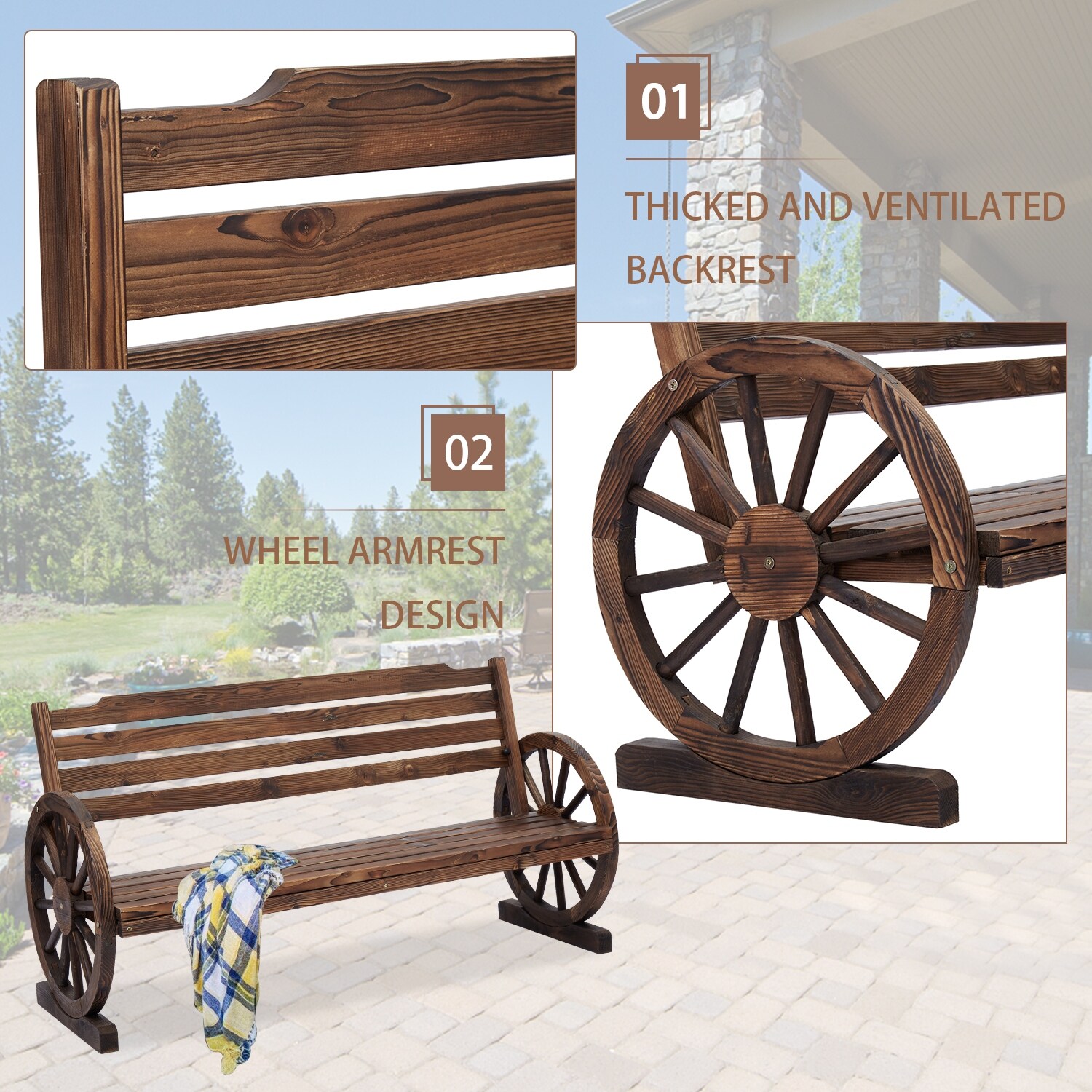 Shop Kinbor Wood Wagon Wheel Bench 2 Person Seat Bench Yard Decorative Patio Garden Chair W Slatted Seat Backrest Rustic Style Overstock 32484599