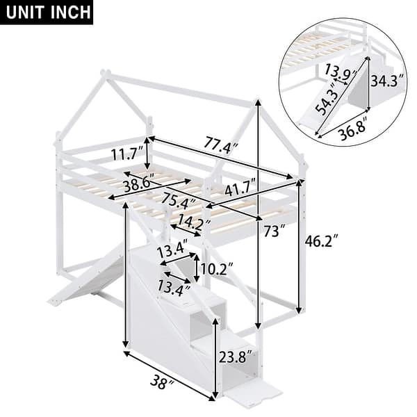 dimension image slide 0 of 2, Twin over Twin Pine House Loft Kids Bed Frame with Slide, Staircase & Storage, Safety Guaranteed, Easy Assembly, Natural